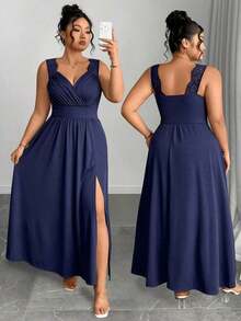 Elenzya Vestido línea A con cuello en V, contraste de encaje, tirantes finos y abertura para tallas grandes - Azul marino - Ver 9