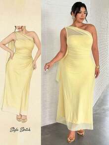 Vestido maxi ajustado con hombros asimétricos, de estilo elegante y romántico, para mujer de talla grande.Adecuado para fiestas, vacaciones en la playa, vuelta al colegio, citas románticas, temporada de bodas, cumpleaños, Pascua, primavera/verano. - Amarillo - Ver 2