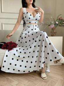 Conjunto de 2 piezas de top sin mangas y falda con estampado de lunares para mujer - Blanco y Negro - Ver 7