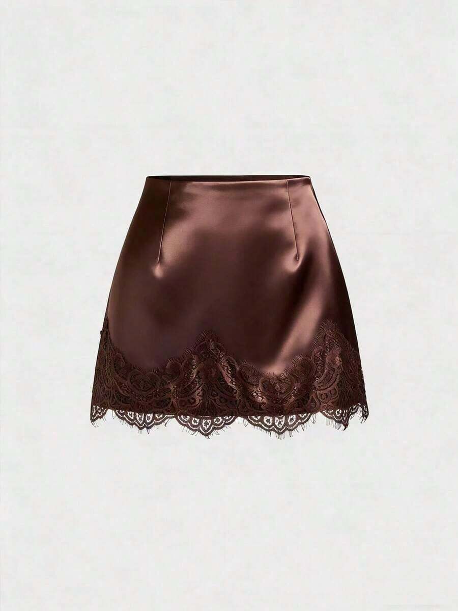 Falda casual de satén marrón con estampado floral retro francés elegante, nueva llegada chic de principios de primavera - Marrón - Ver 1