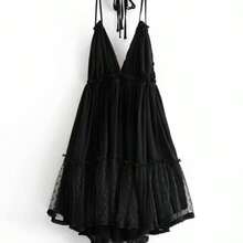 Dobby Mesh Self-Tie Ruffled Halter Dress - Negro - Ver 1