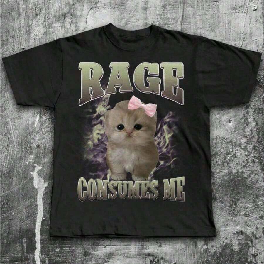 1 pieza Camiseta de meme de gato divertido Rage Consumes Me, camiseta de gatos tontos, regalos estúpidos, camisetas Brainrot, camisetas feas, ropa desenfrenada, regalo para ella 180g 100% algodón - Negro - Ver 1