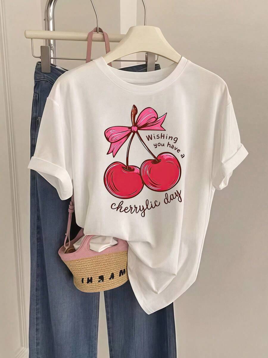 Camiseta de Tela Suave - Nueva camiseta de algodón para mujer con motivos dulces, de bendiciones y frutas. Diseño estampado. Un regalo de verano a la moda, adecuado para fiestas y uso diario. Camiseta de moda. - Blanco - Ver 1
