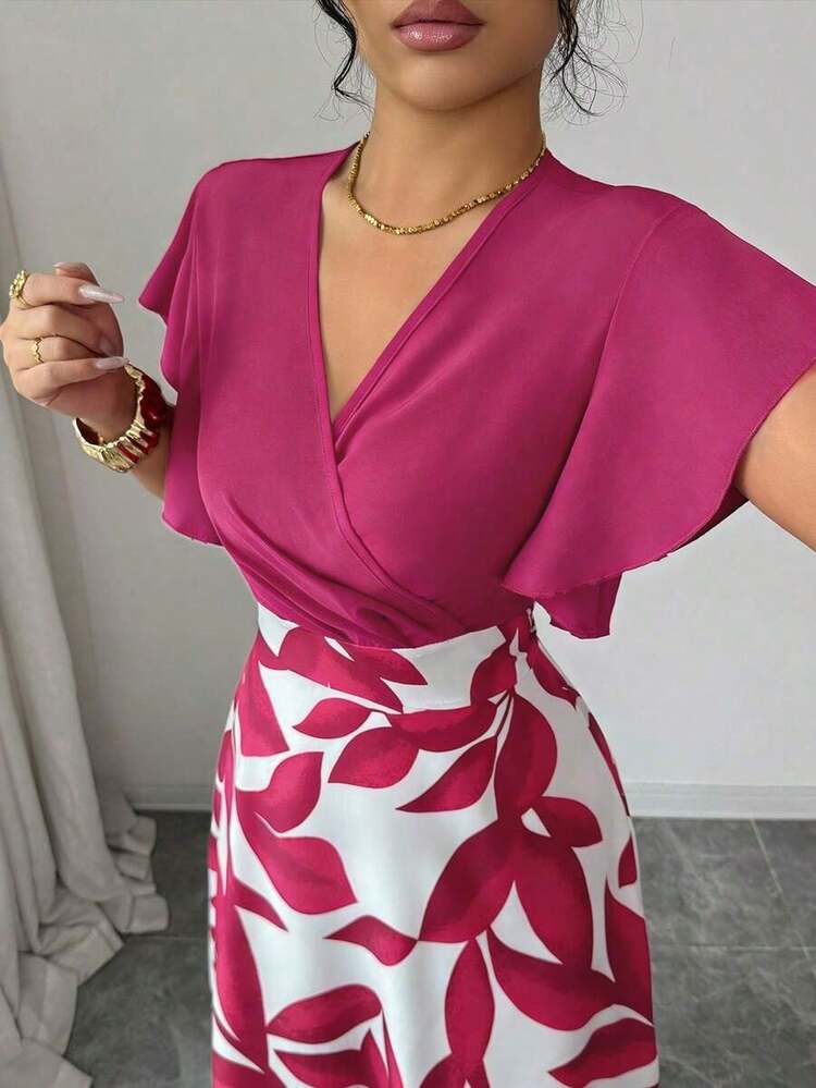 Women's Elegant Burgundy Red Fitted Dress With Bell Sleeves And Leaf Pattern, Spring/Summer - Red - View 6