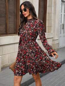 Vestido corto casual de manga larga con cuello alto y estampado floral para mujer - Multicolor - Ver 8