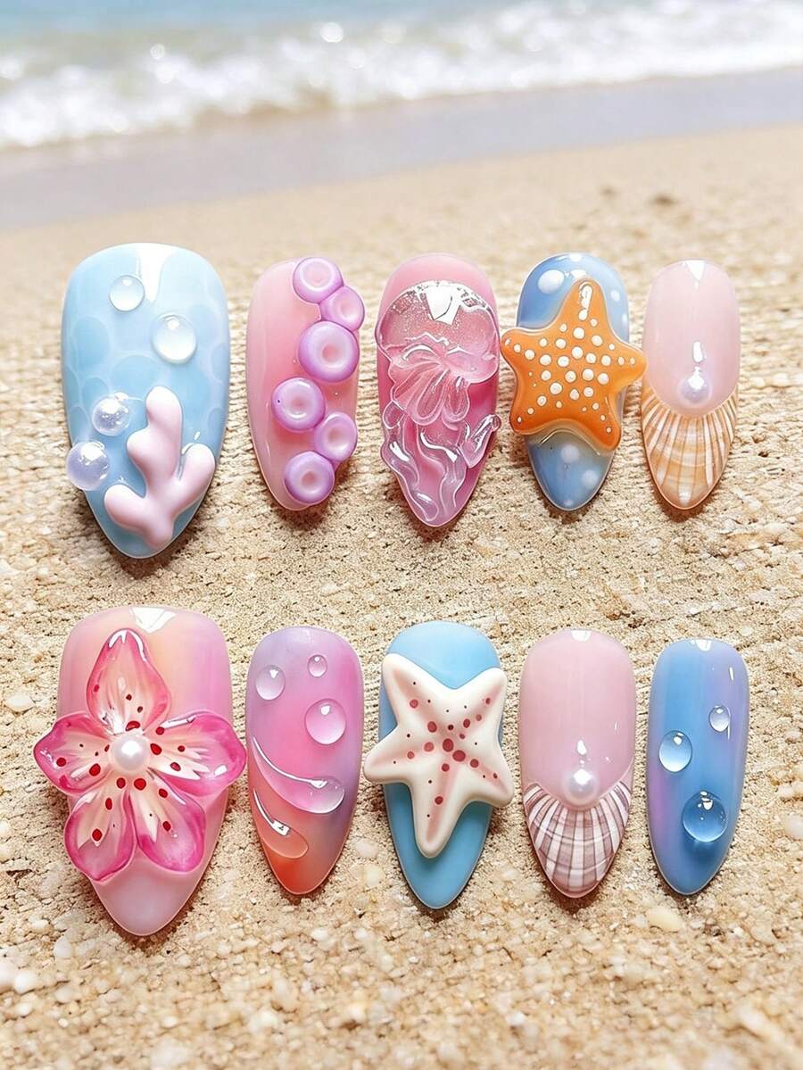 Bộ 10 món đồ trang trí móng tay chủ đề vỏ sò biển mùa hè, hình sao biển 3D, hoa, bướm, trái tim, kèm 1 dũa móng và 1 lọ keo dán móng. - Nhiều màu - Xem 1