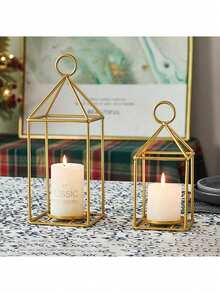 1pc Vintage Iron Lantern Shaped Home Decor Ornament, Creative Minimalist Candlestick Suitable For Living Room, Office, Bookshelf, Cabinet Tabletop, Also Suitable For Bedroom, Office Desk, Holiday Dinner, Valentine's Day, Easter, Wedding And Other Occasions - Multicolor - View 2