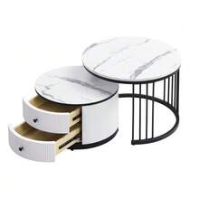 Elegant Set Of 2 Stackable Coffee Tables In White, 60*60*45.5 Cm And 50*50*32 Cm, Round With A Glossy Marble Effect Finish, 2 Drawers, Load Capacity Up To 30 Kg, Combination Of Stackable Coffee Tables. - Black and White - View 7