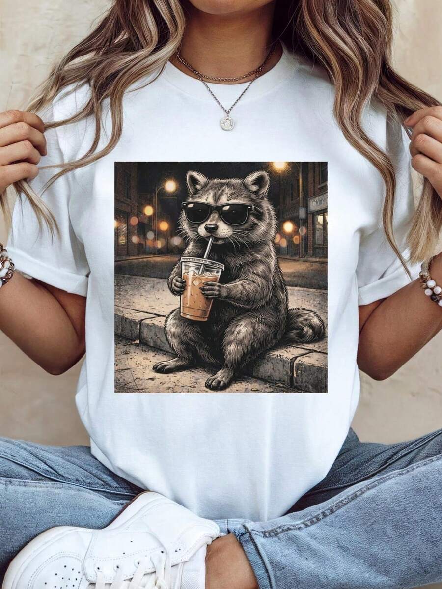 Camiseta de mapache bebiendo café helado, divertida camiseta con meme de animales, camiseta unisex para amantes del café. Camiseta unisex de algodón puro de 220 g, peso ideal para todas las estaciones, adecuada tanto para hombres como para mujeres. Tejido duradero de alta calidad, suave al tacto y de larga duración. Parte superior transpirable. Adecuada para mujeres en primavera y verano, vacaciones, Día de la Madre, Día de la Independencia. - Blanco - Ver 1