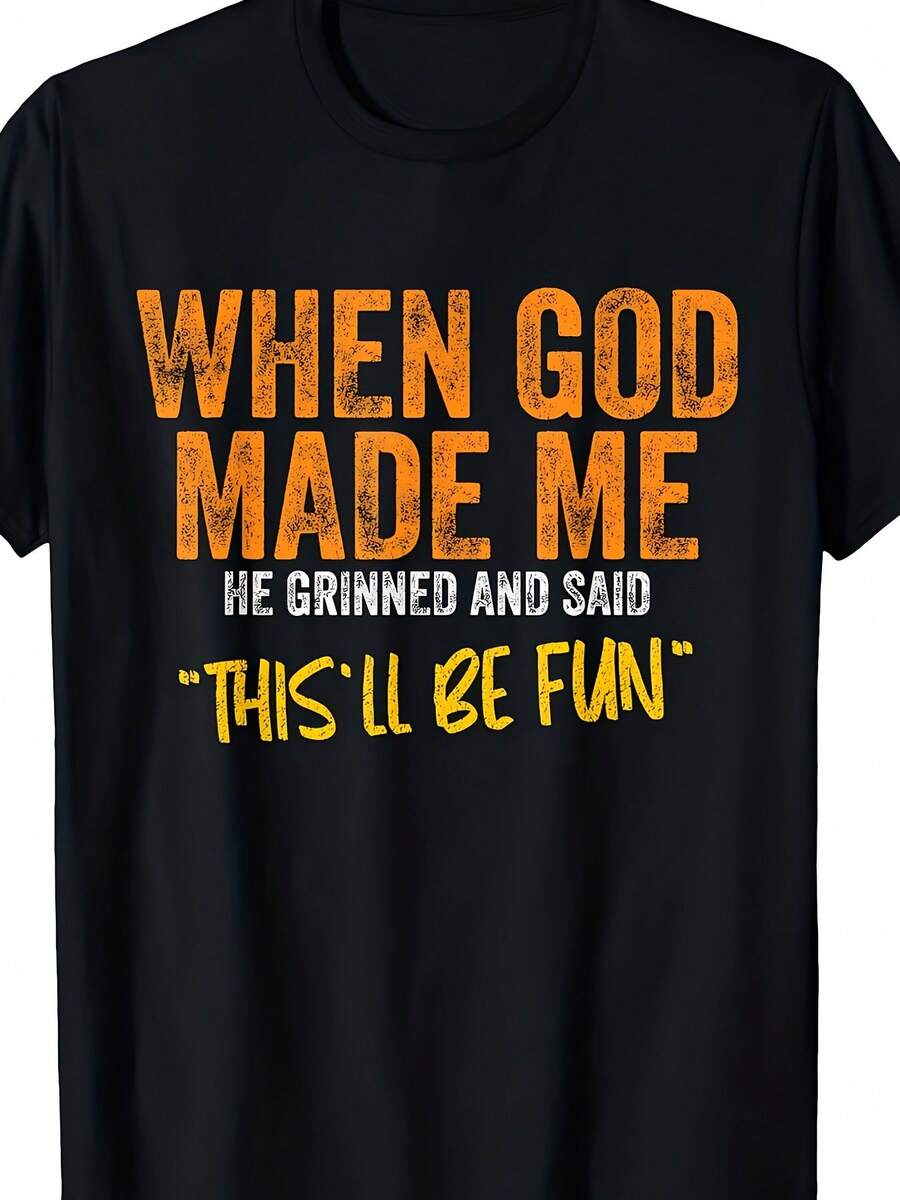 Camiseta Divertida Cristiana para Hombres con Diseño de Versículo Bíblico "Cuando Dios Me Hizo, Sonrió" y "Él Sonrió y Dijo 'Esto Será Divertido'" - 100% Algodón 180gsm, Cuello Redondo, Manga Corta, Peso Pesado, Casual, para Eventos de Iglesia, Regalos de Cumpleaños, Ropa Casual - Suave y Cómoda, Lavable a Máquina, Duradera, Corte Regular, Ropa de Fe Humorística para Hombres - Negro - Ver 1