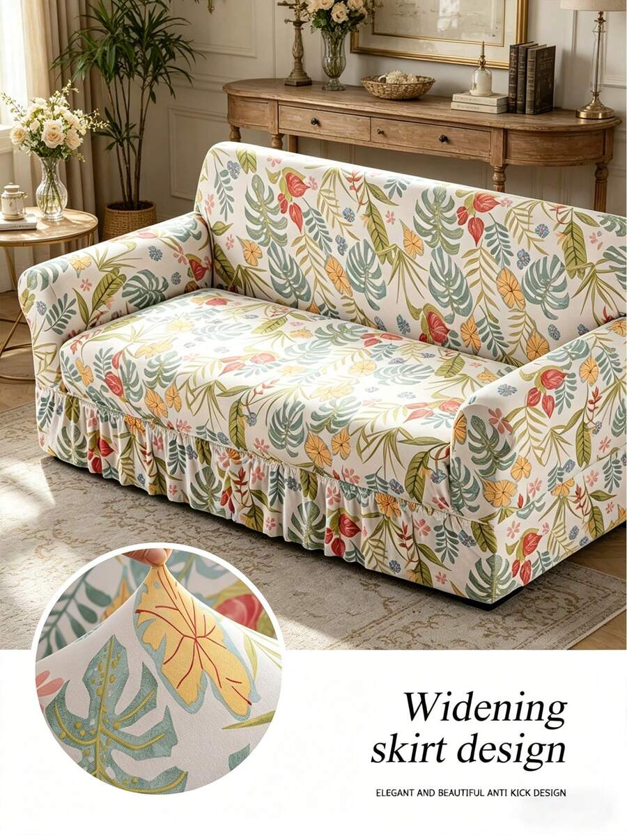 1pc Floral Pattern Elastic Sofa Cover With Skirt, Soft & Comfortable Printed Furniture Protector, Multiple Sizes Available - Multicolor - View 1