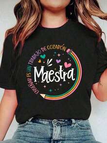 Solt Vintage Camiseta de Maestra de Español Regreso a Clases Primer Día de Clases para Mujeres y Hombres Talla Grande Camiseta Suave Tops Casuales Transpirables Camisetas Gráficas Camisas de Hombre Ropa de Calle Camisa Blanca Camisa Negra Suelta y cómodaFashion graphic - Negro - Ver 5