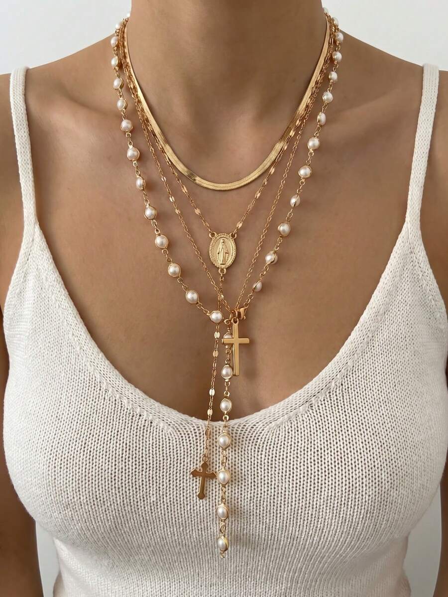 Set de 5 piezas de collar elegante y retro en forma de Y, que incluye colgantes de lazo, gota de agua, corazón, rhinestone, perla falsa y borla, adecuado para festivales, fiestas y uso diario, también como regalo - Amarillo Oro - Ver 1