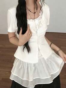 Women's Lace Patchwork Casual Versatile Daily Wear Short Sleeve T-Shirt White Summer - White - View 6