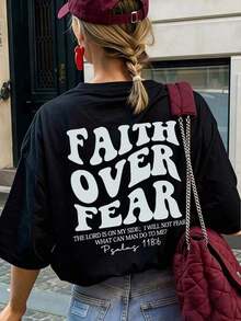 Camiseta de ocio para mujerdemangacortaconcuelloredondoyestampadodelafraseLacreenciasúperelmiedo",estilocasualyderesortunartículoesencialdiarioparamujeres. Camisetagráficoderesortparamujeres,superiordeveranoparamujeres americanasCorte holgado informal de verano - Negro - Ver 7
