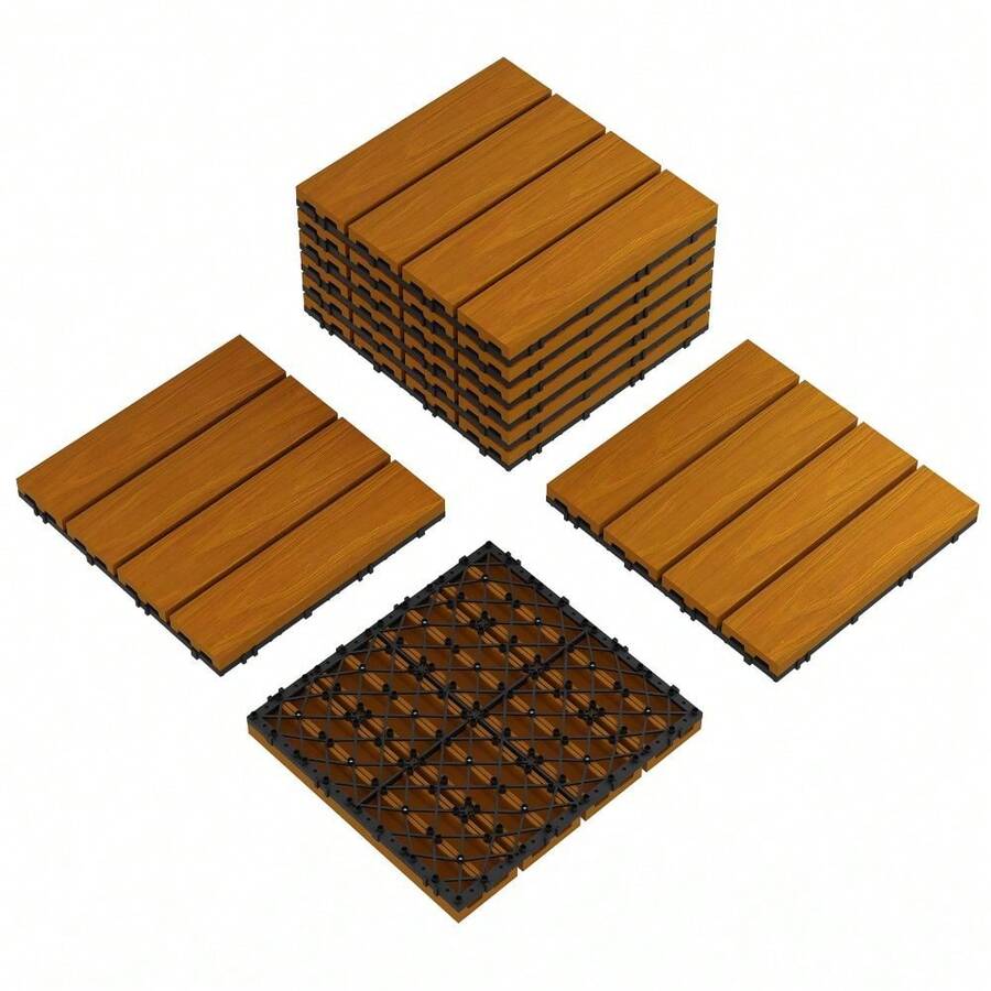 Soonbuy 12"X12" Interlocking Composite Deck Tiles, Waterproof Anti-Slip Wood Grain Floor Tiles, All Weather Weatherproof Flooring Panels, Easy DIY Installation For Patio, Balcony, Garden, Poolside Indoor - Teak Color-9PCS - View 1