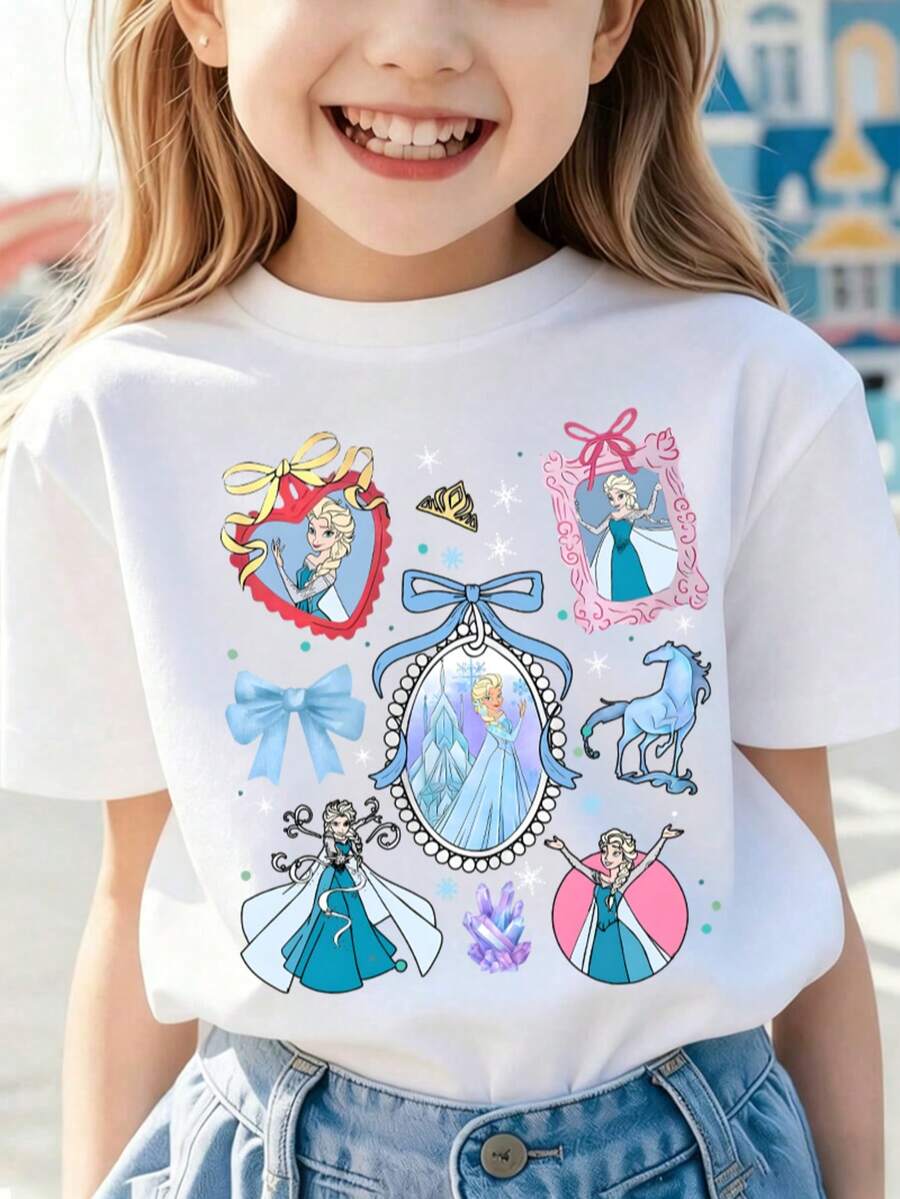 Disney Frozen Elsa Girls' Short Sleeve T-Shirt, 2-14 Years, Cute Bow & Elsa Graphic Tee, Casual Daily Top, Express Delivery - 白色 - 查看 1