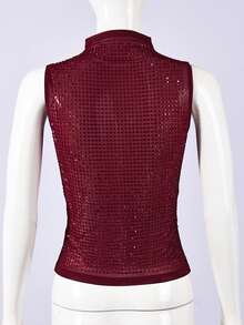 Women Y2k Sheer Mesh Tank Tops Turtle Neck Sleeveless Sparkly Rhinestone Decor Crop Vest Summer Slim Fit Rave Concert Outfits - Red - View 3