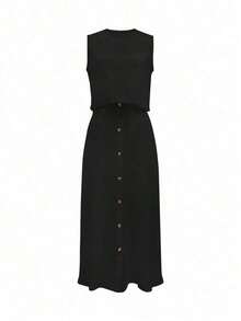 Conjunto de 2 piezas para mujer: Blusa sin mangas de unicolor + Falda A-line casual y suelta con botones delanteros, conjunto de verano para mujer elegante - Negro - Ver 2