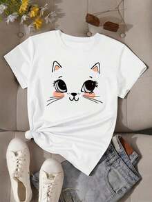 Soft 100% Cotton T-Shirt, Women's Short Sleeve White Casual T-Shirt, Round Neck, Regular Length, Cat Print, Breathable Cotton T-Shirt, Goes With Everything, Great. - 白色1 - 查看 2