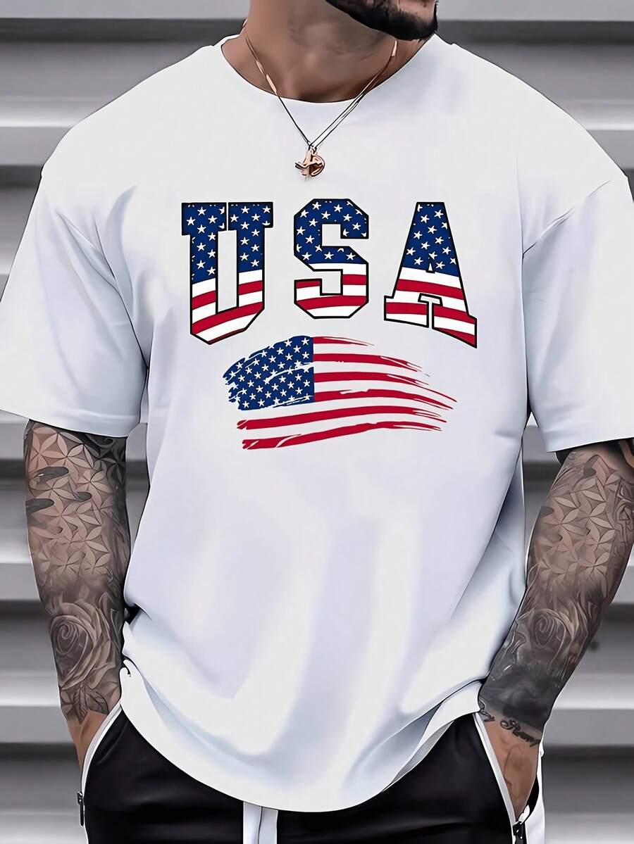 T-shirt da uomo con stampa della bandiera americana, girocollo a maniche corte, in tessuto a maglia casual per tutti i giorni e il fine settimana, vestibilità regolare, estiva, 170 g/m² - JT6219 - Bianco - Visualizzare 1