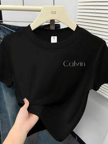 Woman002 Camiseta Casual de Manga Corta para Mujer - Estampado Gráfico de Cerezas y Letras Audaces, Diseño Negro y Rojo, Cuello Redondo de Elasticidad Media, Lavable a Máquina para Primavera, Verano y Otoño, Uso Diario, Camiseta de Ajuste Cómodo - Negro - Ver 1