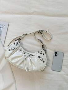 2026 Spring/Summer New White Motorcycle Style Pleated Crescent Underarm Rivet Fringe Design Shoulder Crossbody Bag, Versatile Texture Punk Retro Commuter Bag With Large Capacity - White - View 9