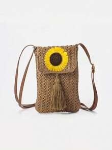 Women's Straw Tassel Crossbody Bag, Summer Beach Vacation Shoulder Bag, Sunflower/Daisy Solid Color Mini Straw Handbag, Lightweight Boho Rattan Style Tote, Adjustable Strap Small Handbag, Portable Woven Clutch For Daily Commute Shopping, Aesthetic Beach Bag For Picnic Vacation Outfit, Durable Straw Bag Gift For Women And Girls - Multicolor - View 8
