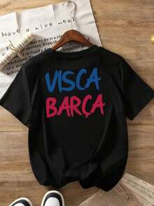 GiftCamiseta de manga corta estampada por ambos lados con diseños en la parte delantera y trasera, VISCA BARÇA, camiseta casual moderna para mujer de Barcelona, top casual de manga corta con cuello redondo, adecuada para verano y primavera, ropa de mujer - Camiseta unisex de algodón holgada de manga corta y cuello redondo estilo vintage urbano. Suave - Negro - Ver 3
