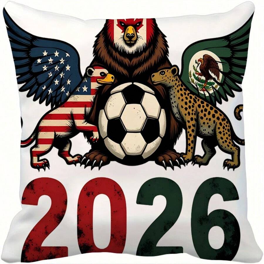 1 pièce Housse de coussin décoratif carré en peluche douce de style match de football 2026, avec fermeture éclair invisible, convient pour la chambre du joueur, le canapé, la voiture, la chambre à coucher, la décoration de la fête du match de football, 45X45cm, sans rembourrage, motif unilatéral - Multicolore - Voir 1