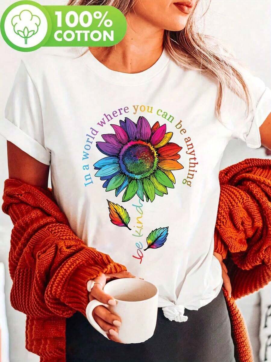 Camiseta con Estampado de Girasol Arcoíris Inspiradora para Mujer - Camiseta Casual de Cuello Redondo con Ligera Elasticidad - Top de Manga Corta con Estampado Floral para Todas las Temporadas - Blanco - Ver 1
