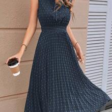 Clasi Swiss Dot Tie Neck Pleated Hem Dress Maxi Women Outfit - Azul Marino - Ver 6