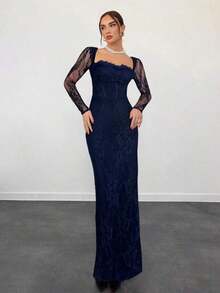 Vestido negro ajustado hasta el suelo con cuello corsé ahuecado y mangas largas con encaje en forma de S sexy para mujer para fiestas, citas y banquetes de otoño/invierno nuevo - Azul marino - Ver 6