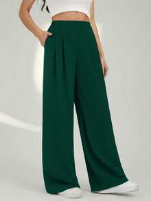 Tall Pantalones rectos de unicolor casual para mujer - Verde Oscuro - Ver 5