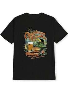 Camiseta Gráfica Tropical de Hamburguesa y Cerveza para Mujer - Camiseta Casual de Manga Corta para Verano con Diseño de Hamburguesa Paradisíaca para Atuendos de Playa, Fiestas de Barbacoa - Camiseta Lavable a Máquina para Uso Diario, Ropa para Barbacoa, Camiseta con Estampado Divertido, Camiseta de Ajuste Cómodo - Negro - Ver 3