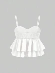 Top de tirantes con volantes y pliegues de color rosa dulce para mujer, top corto de verano - Blanco 2 - Ver 2