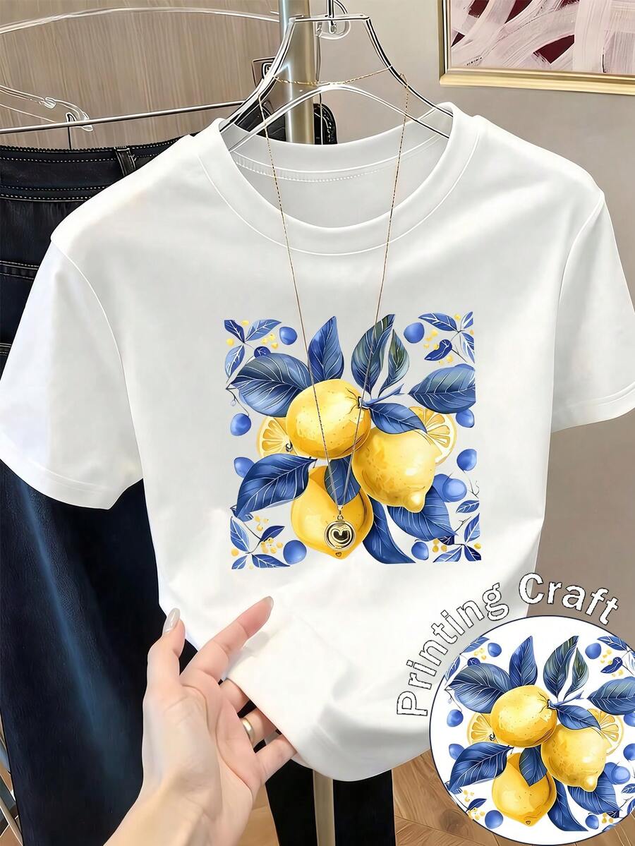 Camiseta de manga corta con estampado para mujer, ropa de primavera, atuendo para festividades, blanca para verano, look playero, estilo vacacional, estilo rural, atuendo de oficina para mujer. - Blanco - Ver 1
