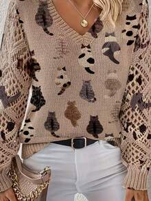 Elegant Versatile V-Neck Long Sleeve Women Sweater With Cat Graphic Digital Printing Vacation - Khaki - View 5