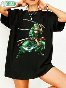 100% Cotton One Piece Roronoa Zoro Graphic T-Shirt, Three Swords Style Retro Anime T-Shirt, Casual Short Sleeve Crew Neck Manga Fan Top, Oversized Streetwear For One Piece Lovers. - Black - View 1