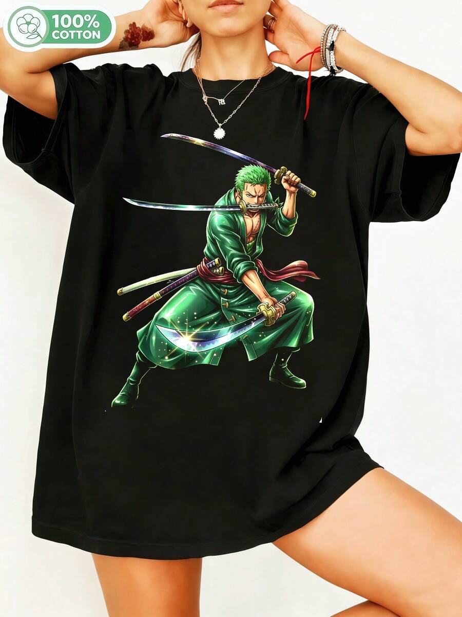 100% Cotton One Piece Roronoa Zoro Graphic T-Shirt, Three Swords Style Retro Anime T-Shirt, Casual Short Sleeve Crew Neck Manga Fan Top, Oversized Streetwear For One Piece Lovers. - Black - View 1