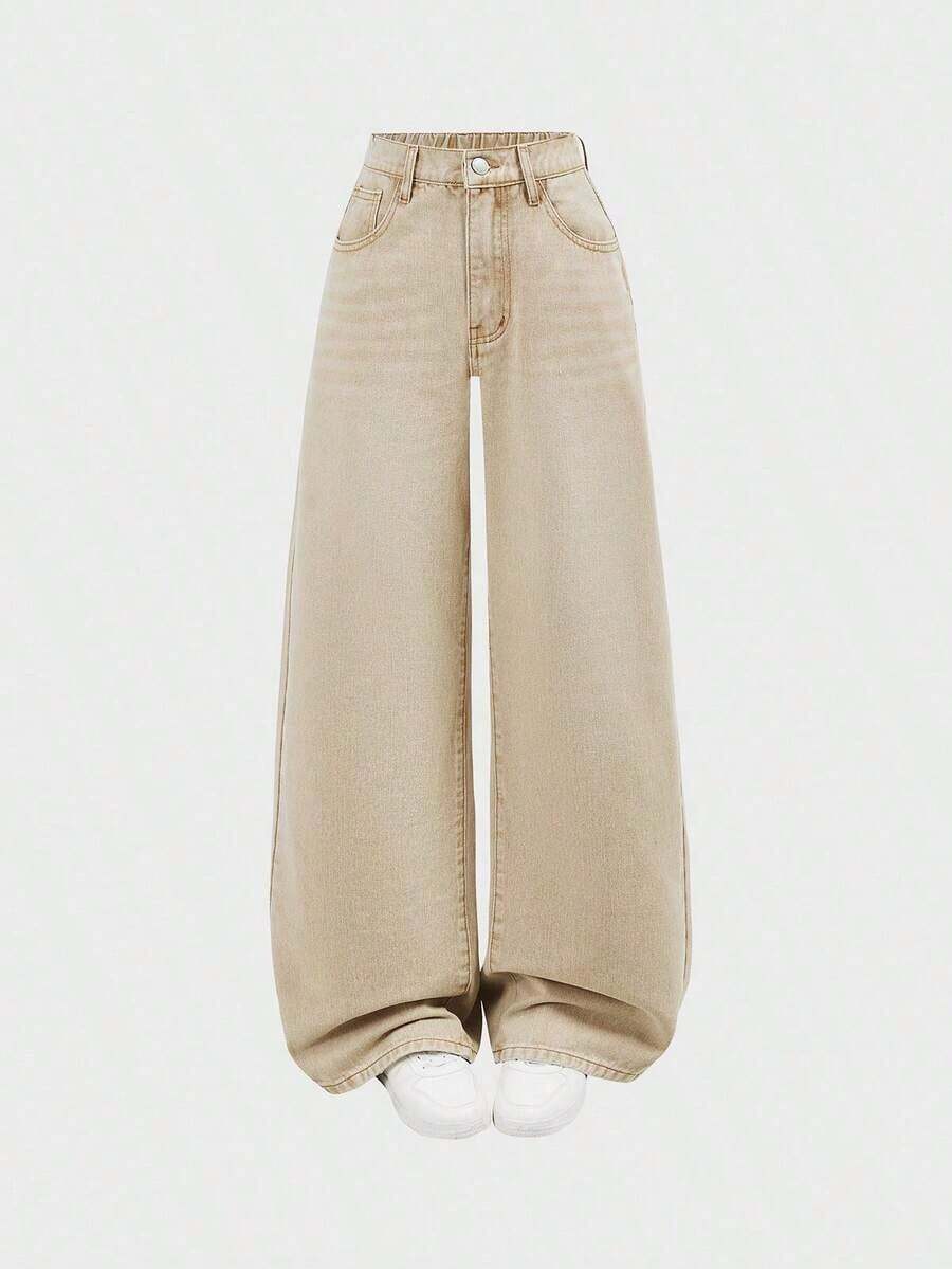 Pantalones vaqueros holgados de estilo casual con bolsillos y patas anchas para adolescentes, jeans de verano. - Caqui - Ver 1