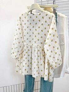 Blusa de mujer con cuello en V de gasa con estampado floral romántico, manga farol, corte holgado y silueta favorecedora, adecuada para uso casual, de calle y de oficina en vacaciones de verano - Verde - Ver 3