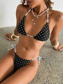 Conjunto de bikini de 2 piezas con estampado de lunares, traje de baño sexy para fiestas y festivales de música, atuendo de playa para vacaciones de mujer - Negro - Ver 7