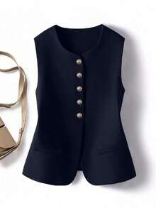 Cárdigan de cuello redondo elegante y casual de estilo vintage para mujer - azul real - Ver 6