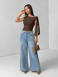 Top de hombro asimétrico con tirantes de atar de unicolor para mujer - Marrón - Ver 5