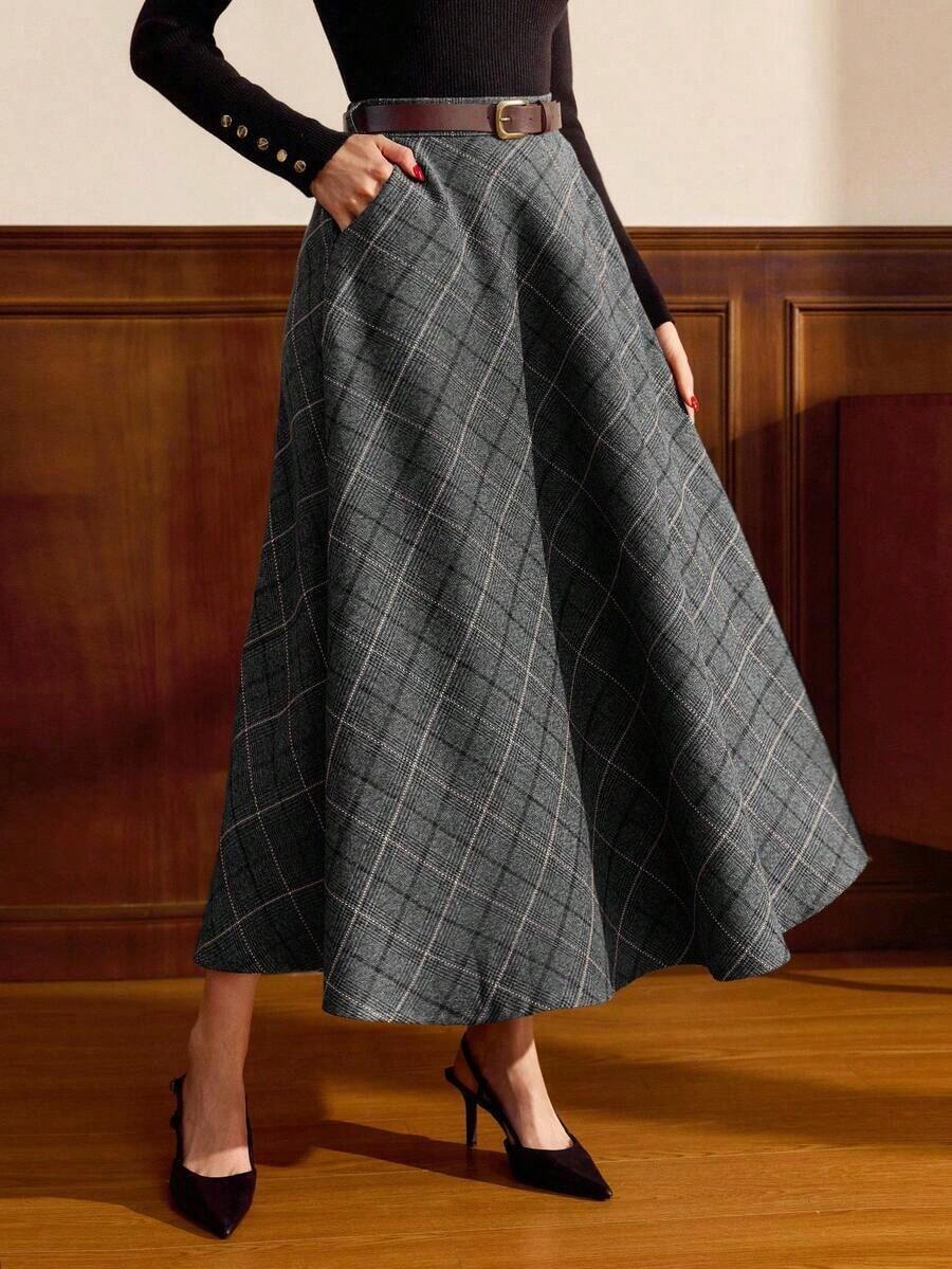 DECDS Falda elegante vintage para mujer con bolsillos y cinturón a cuadros, falda casual de vacaciones, falda gris de otoño, invierno y Navidad, falda para invitada de boda - Gris - Ver 1