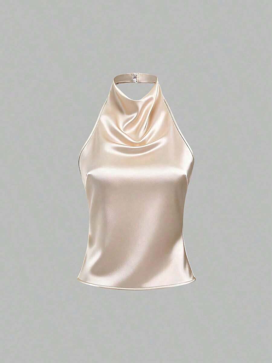 de unicolor con cuello halter, versátil para uso diario - Albaricoque - Ver 1