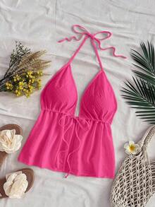 Camiseta de tirantes con cuello de halter y nudo en la espalda para mujer, adecuada para el verano - Rosado Sandía - Ver 4