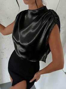 Blusa de mujer con cuello mao de unicolor y pliegues, informal y elegante, manga de murciélago fruncida, ajuste regular, top casual de uso diario para primavera/verano - Negro - Ver 6
