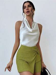 Blusa de mujer simple y elegante en tono albaricoque con cuello en V y corbata en la cintura. - Albaricoque 2 - Ver 7